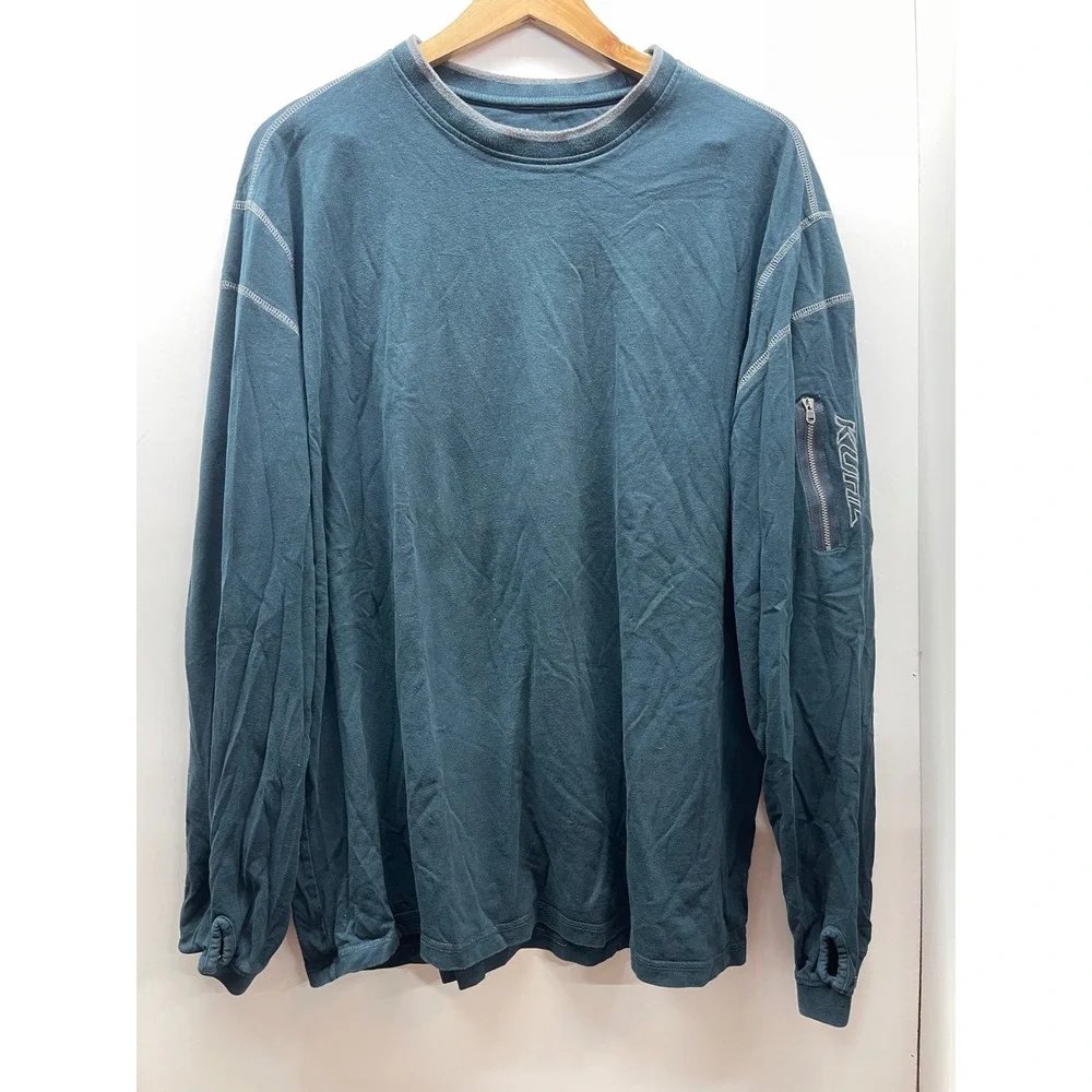 Kuhl Wildfibre Mens XXL Long Sleeve Organic Cotton T-Shirt Teal Blue Zip Pocket